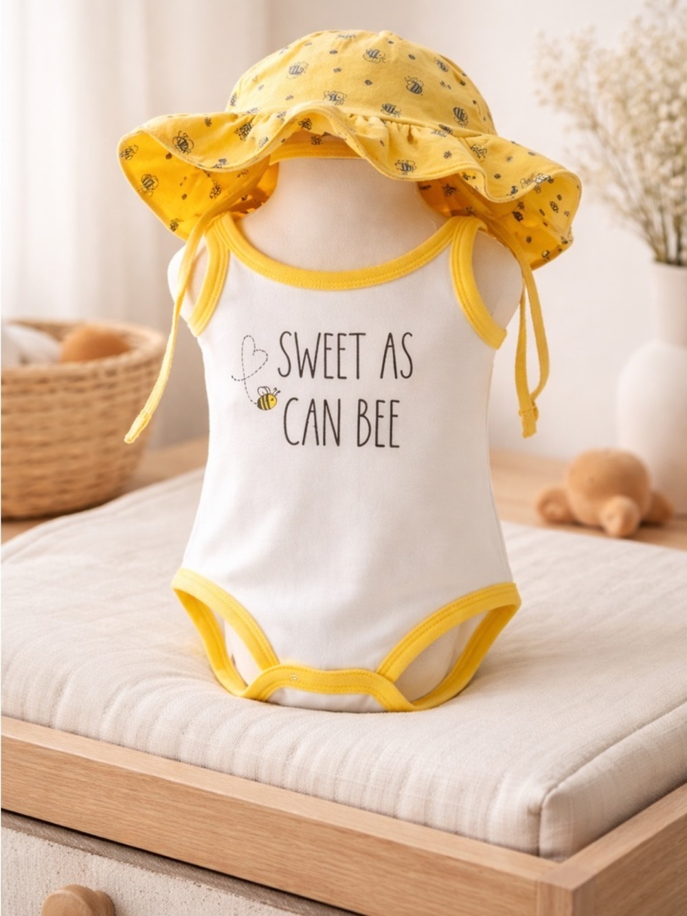 NWT Rae Dunn Baby Girls White/Yellow Bee Tank One Piece w/Yellow Hat - Size 6-9M
